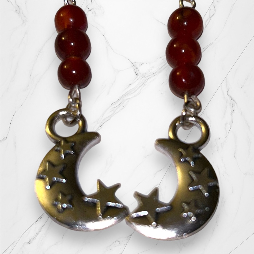 Hand Crafted Earrings Red Agate Moon & Star Dangle Pierced Silver Statem… - Picture 4 of 5